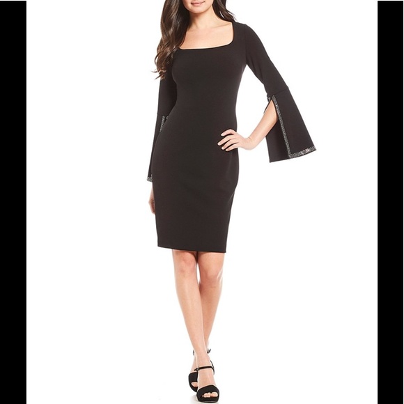 calvin klein embellished bell sleeve sheath dress